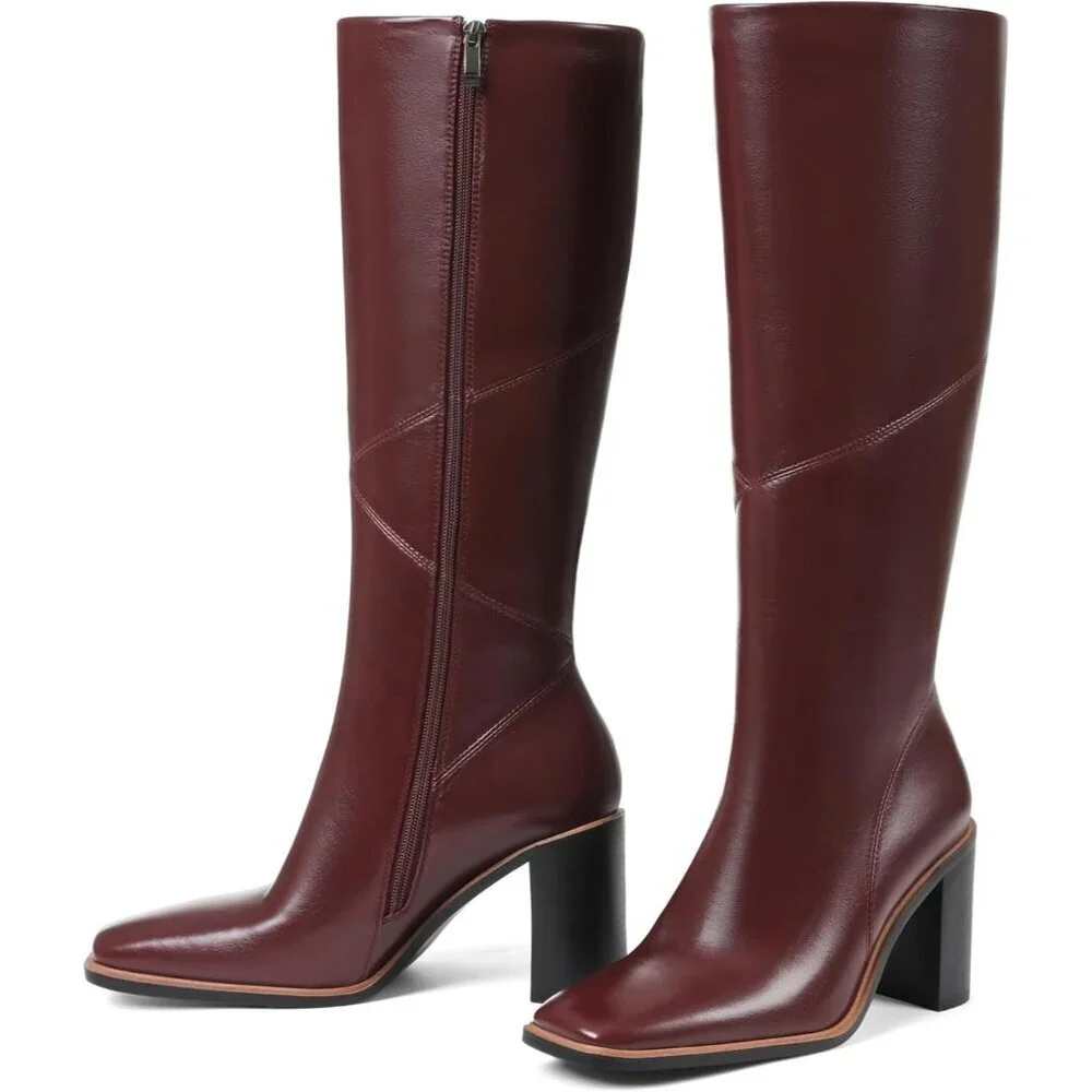 Women’s Polyurethane Burgundy Square Toe Chunky Block Heel Leather Zip Up Boot